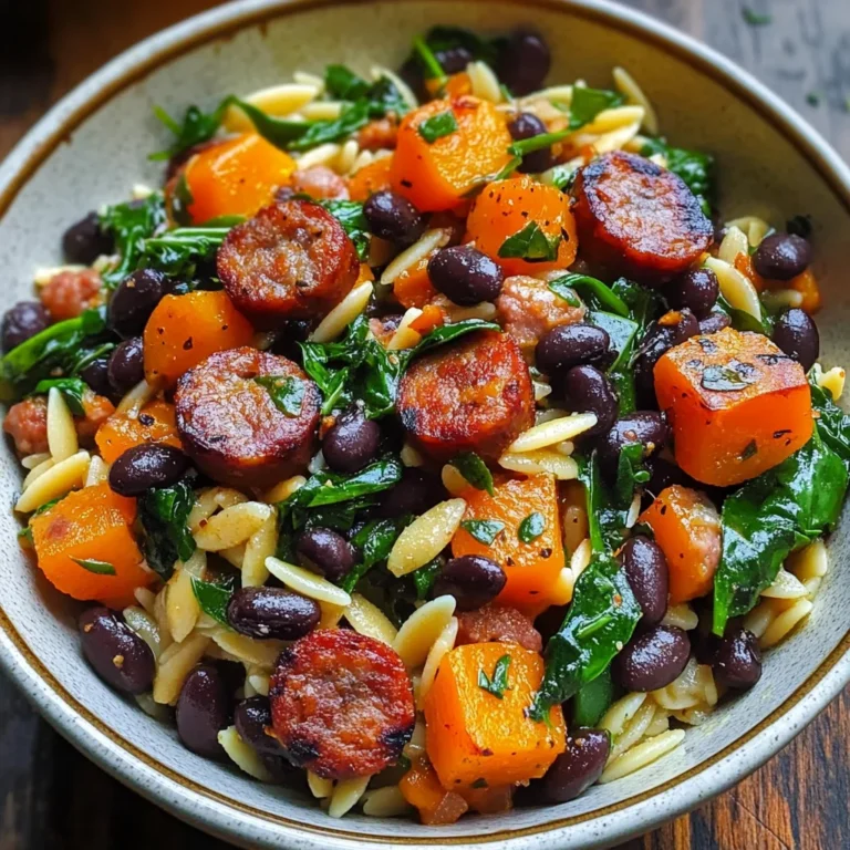 Butternut Squash and Black Bean Orzo with Sausage and Spinach