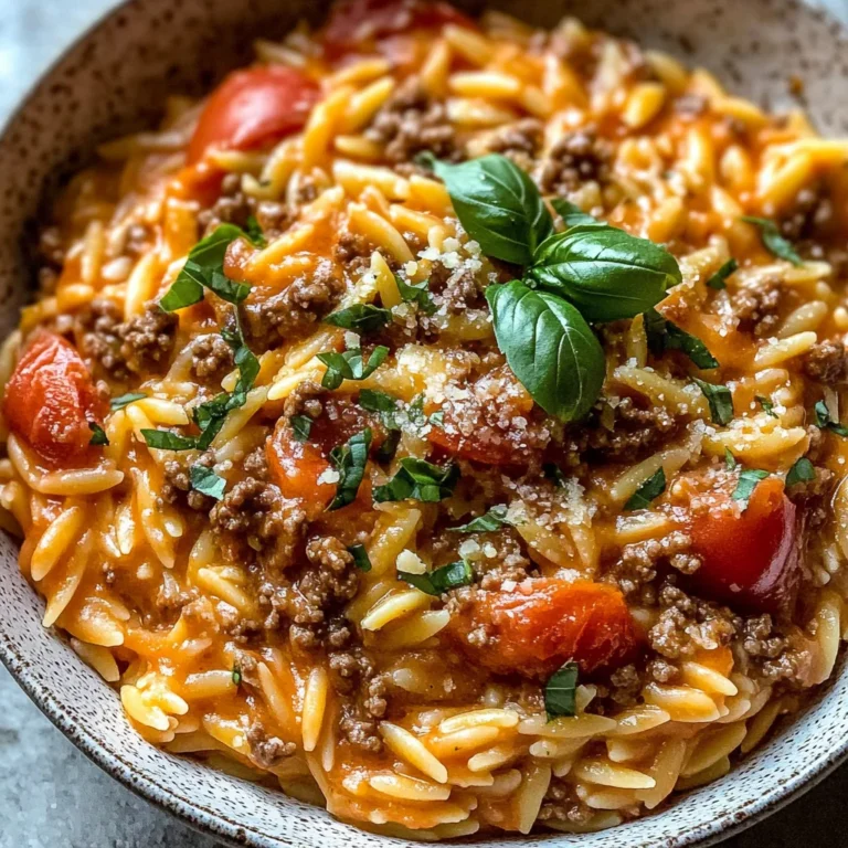 Ground Beef Orzo with Tomato Cream Sauce and Fresh Basil