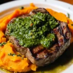 Steak with Green Sauce and Mashed Sweet Potatoes