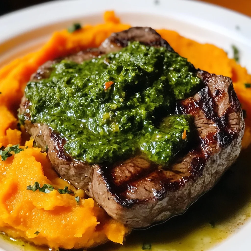 Steak with Green Sauce and Mashed Sweet Potatoes