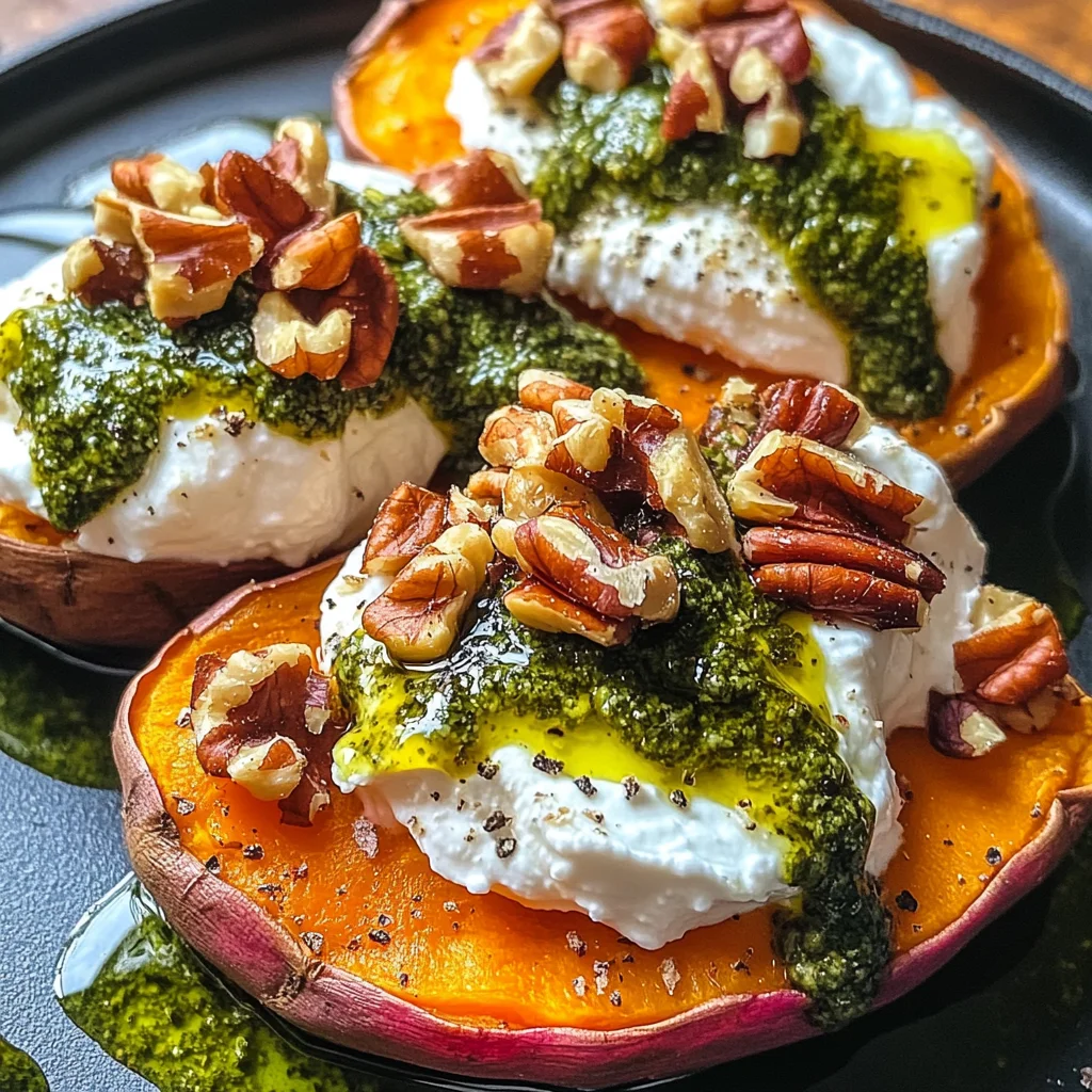 Stuffed Sweet Potatoes with Burrata, Toasted Walnuts & Sage Pesto